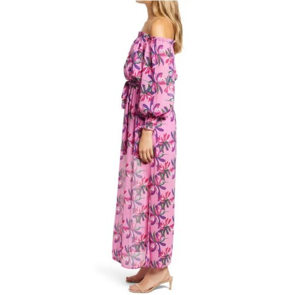 💕WAYF💕 Off Shoulder Shoulder Maxi Dress ~ Pink Birds of Paradise XS (*No Belt) - Picture 3 of 16